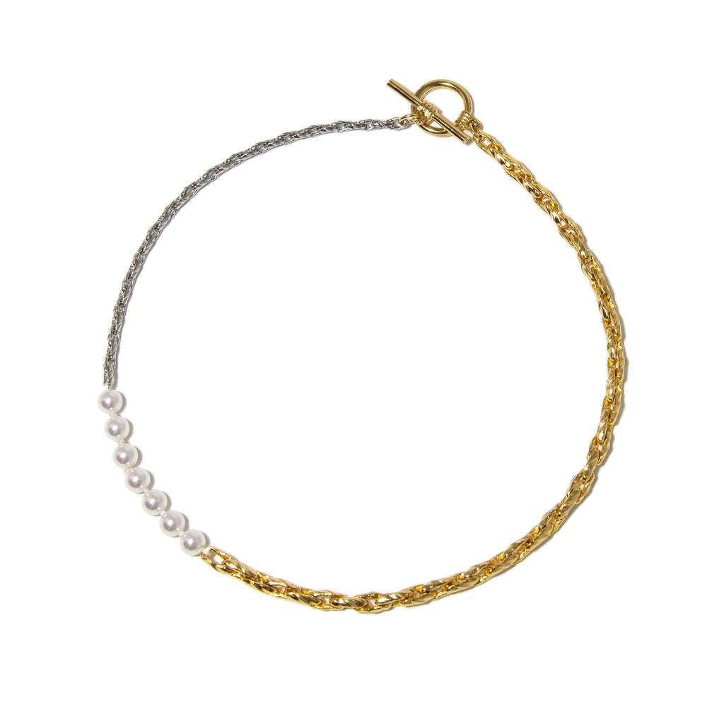 Textured Chain Pearl Point Necklace - Mixed Metal